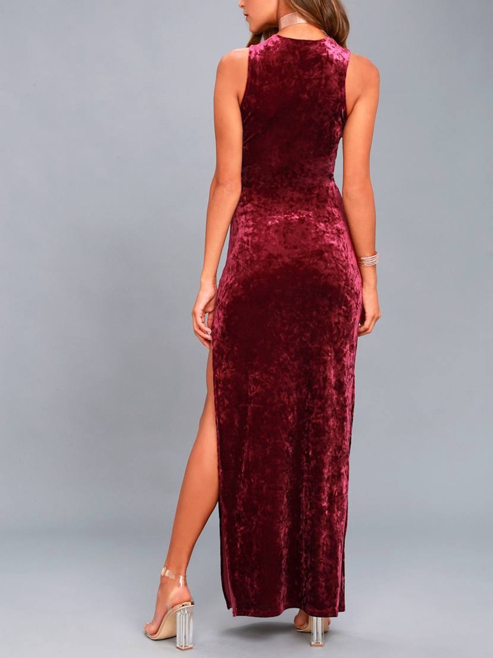 Lulu's Love & Memories Burgundy Velvet Maxi Dress Side Slit NWT - Picture 7 of 10